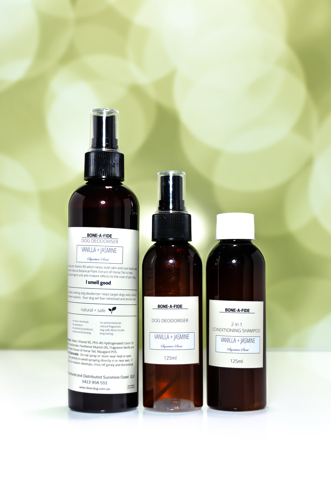 NEW - Travel sized (Pamper Pack) 125ml - Vanilla + Jasmine - 2 in 1 Dog Shampoo & Conditioner + Dog Deodoriser